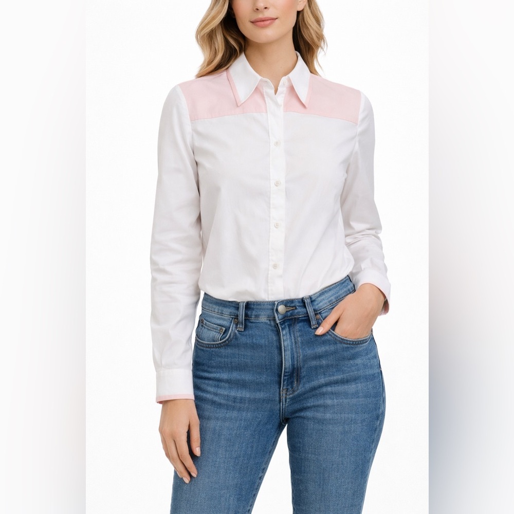 Lafayette 148 New York White Button Down Shirt Pink Yoke Trim Cotton Blend Sz 2